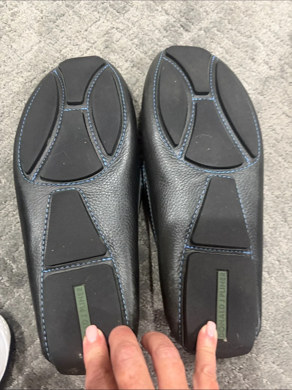 Donald J. Pliner Black Leather Penny Loafers with Blue Stitching